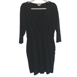 Boden Black Dress US 12 Long‎ Sleeve Wrap Front Jersey Knit Pockets Career